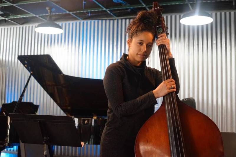 Aneesa Strings and an upright bass bond at Oaktown Jazz Workshops