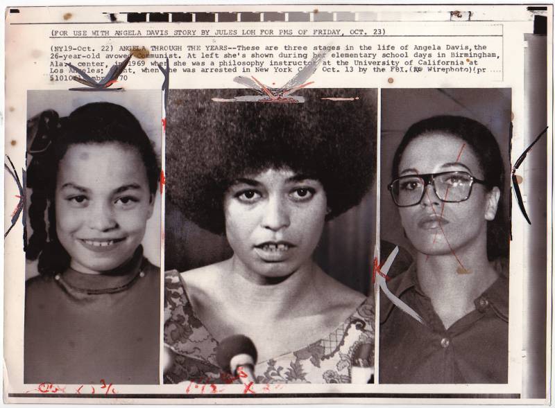 Three photos of Angela Davis: the first as a child, the second as a professor at UCLA and the third is taken at the time of her arrest