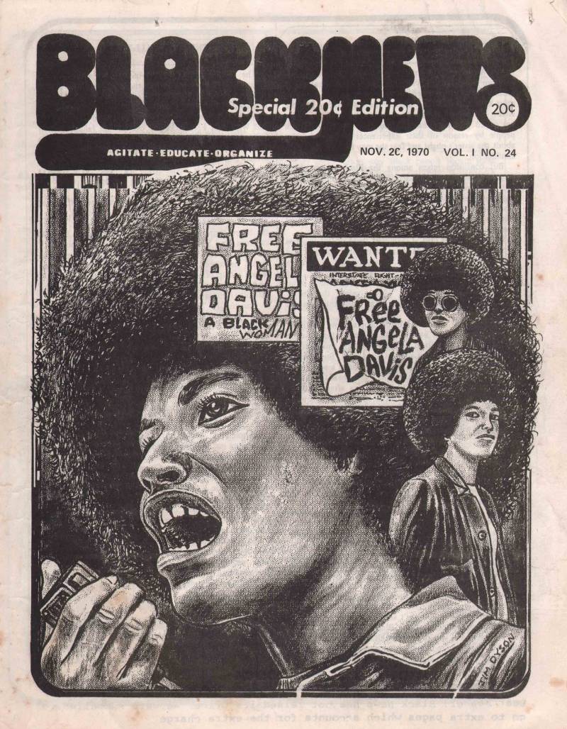 A black and white cartoon illustration of Angela Davis on the cover of Black News in 1970
