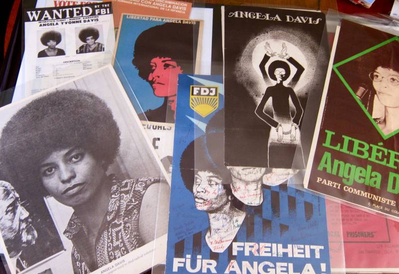 A collage of Angela Davis posters from the Lisbet Tellefsen collection