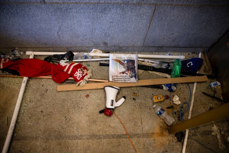 Damage and debris are seen left behind by a pro-Trump mob in the entrance to the western promenade of the U.S. Capitol building on January 7, 2021 in Washington, DC.