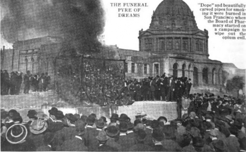 The photo that 'Technical World Magazine' used in its March 1914 report on the opium bonfire shows a plume of black smoke rising up, outside San Francisco's City Hall.