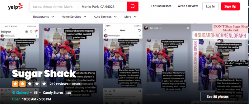 Sugar Shack's Yelp page is currently dominated by photos of its owner at the Trump rally in DC that turned violent.