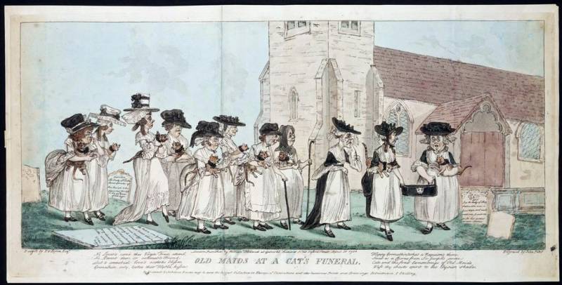This colored stipple engraving depicts a funeral procession of elderly women with cats in their arms, following the coffin of a dead cat. The art, by J. Pettit after E.G. Byron, is dated 10 April 1789.