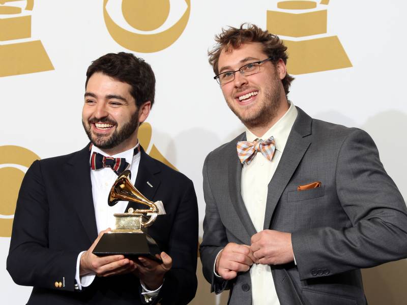 Justin Lansing and Joe Mailander of The Okee Dokee Brothers, after winning Best Children's Album for 'Can You Canoe?' at the 55th Grammy Awards, Los Angeles, Feb. 2013.