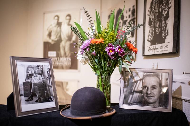Photos of Lawrence Ferlinghetti and his bowler hat in the City Lights Poetry Room on Feb. 23, 2021.