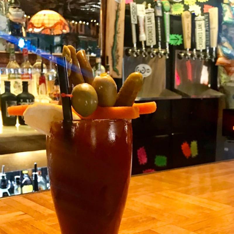 A Bloody Mary on the bar of the Dew Drop Inn. The recipe comes from the current owner's grandmother Millie, who is believed to still visit the bar as a spirit.