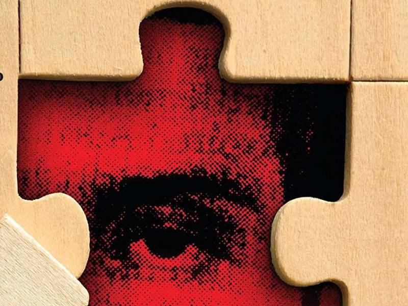 The cover of 'Two Truths and a Lie,' by Ellen McGarrahan; a man's face hidden within jigsaw puzzle pieces.