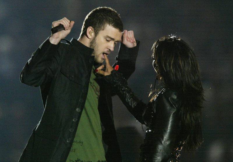 Justin Timberlake and Janet Jackson, pre-wardrobe malfunction, during the 2004 Super Bowl halftime show in Houston.