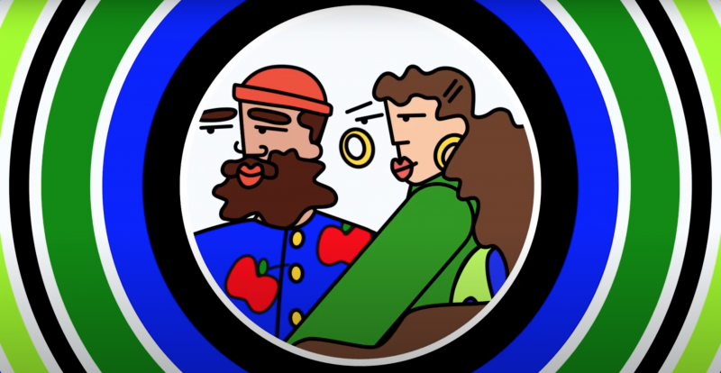 A stylized cartoon of a bearded man in a beanie and a woman with hoop earrings.