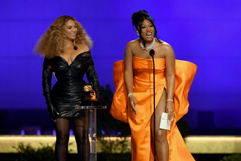 Beyoncé and Megan Thee Stallion accept the Best Rap Performance award for 'Savage' onstage during the 63rd Annual GRAMMY Awards at Los Angeles Convention Center.