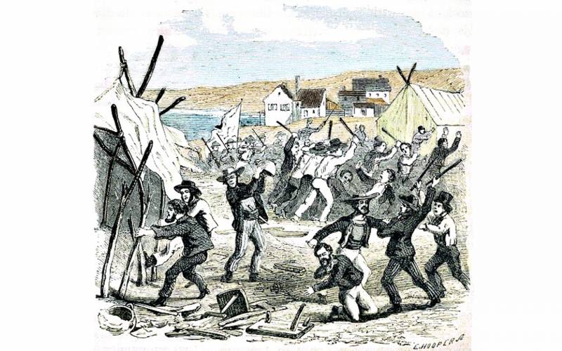 An artist's rendition of the Hounds attacking a Chilean mining camp in San Francisco in 1849.