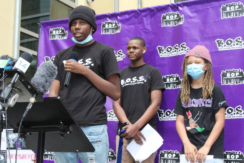 Youth organizers Charles Knight, Brandon Coles and Imani Snodgrass (L–R) appear at a press conference in June 2020, a week before the vote to eliminate Oakland's school police force.