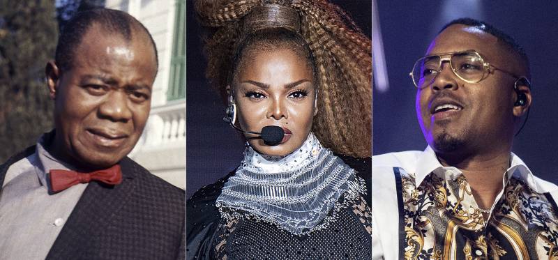 From left, jazz musician Louis Armstrong in Rome in 1968, Janet Jackson at the Essence Festival in New Orleans in 2018, and Nas at the Essence Festival in 2019. Works by each of these musicians are among 25 recordings being inducted to the National Recording Registry.