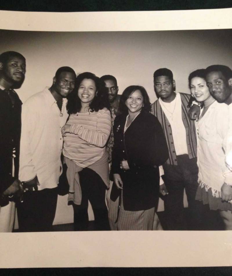 Inside of the NYC Billboard offices in 1993 as Boyz II Men (and friends) pose with Billboard's R&B editor Danyel Smith (center) and R&B/Hip Hop Charts Director Terri Rossi.