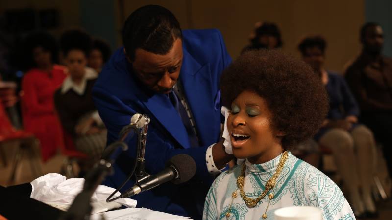 Courtney B. Vance, left, as C.L. Franklin, with Cynthia Erivo as Aretha Franklin, in a scene from the miniseries 'Genius: Aretha' set at the New Temple Missionary Baptist Church.