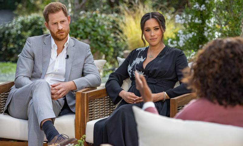 Prince Harry and Meghan Markle being interviewed by Oprah Winfrey during Sunday night's special on CBS.