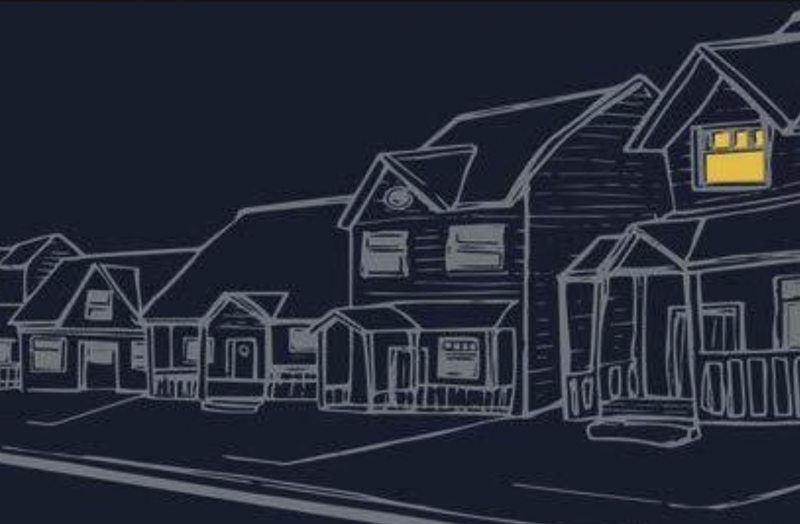 An illustration of a row of houses, all dark except for one upstairs window, from the cover of 'Curb' by Divya Victor.