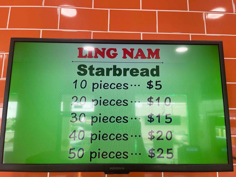 The Starbread menu, with señorita bread priced at 10 pieces for $5, 20 pieces for $10, etc.