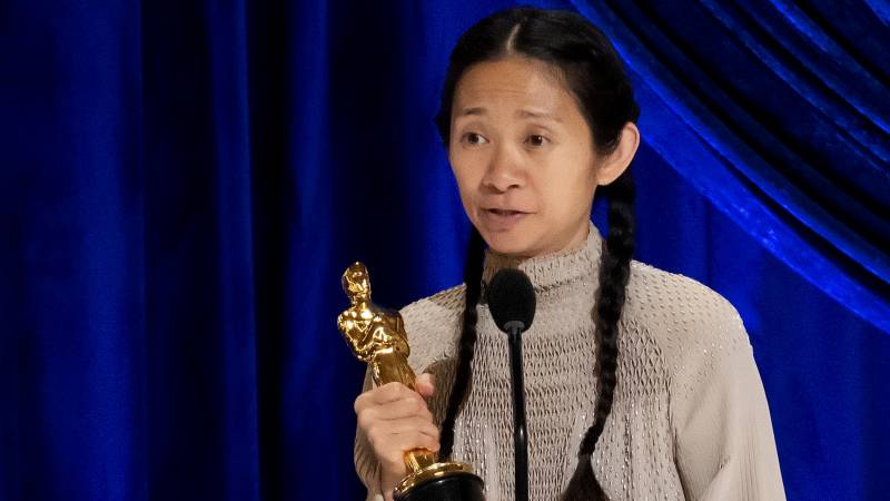 Chloé Zhao accepts the Oscar for best director during Sunday night's ceremony. Her film 'Nomadland' also won best picture.