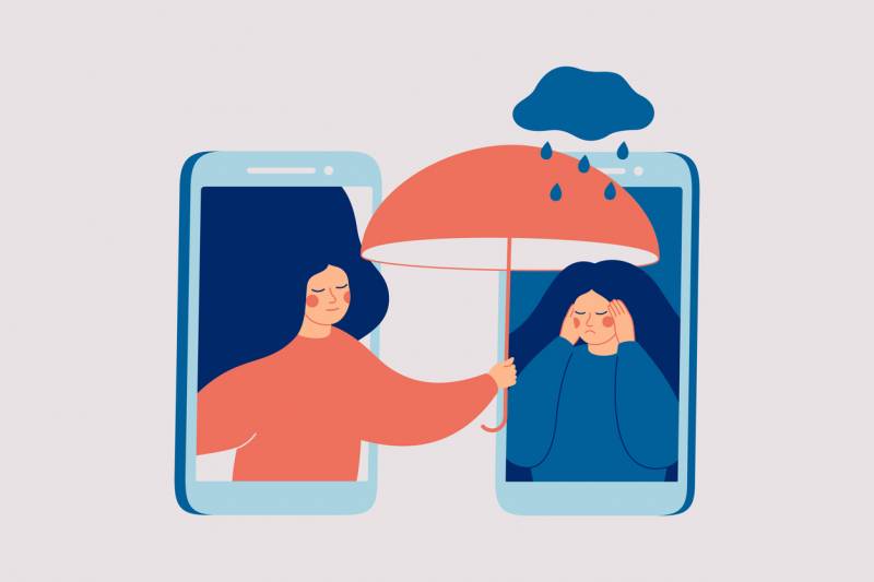 An illustration of a woman holding an umbrella over another woman who is sad.