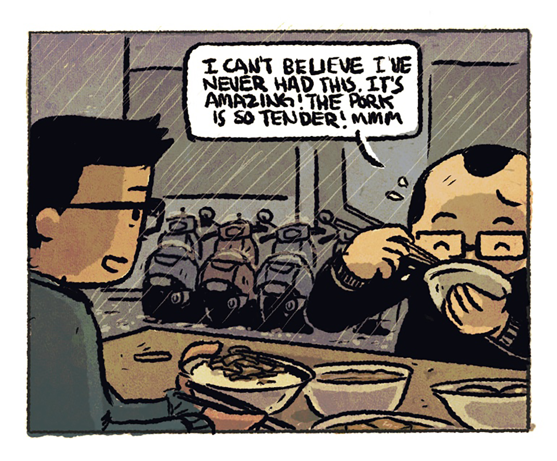 The two protagonists, both bespectacled men, sit at a table devouring their lu rou fan, chopsticks in hand. Speech bubble: "I can't believe I've never had this. It's amazing! The pork is so tender! Mmm"