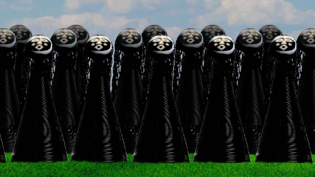 An illustration of two rows of sculptures on green grass with mask-like heads and black bodies.