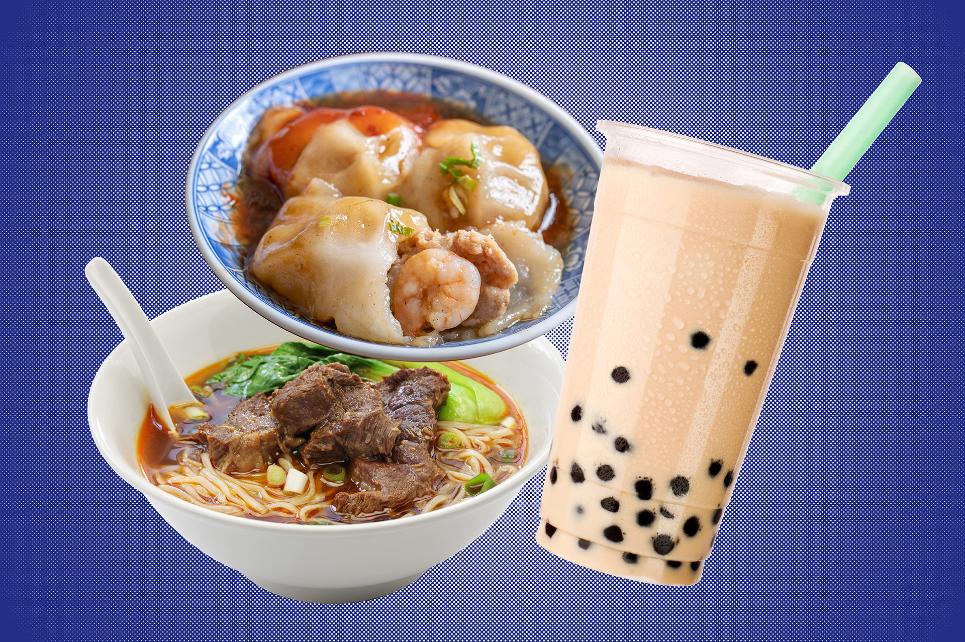 A collage of Taiwanese foods (ba-wan, beef noodle soup, and boba milk tea) on a blue background.