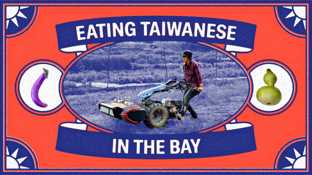 Leslie Wiser pushes a plow; the image is inside a red-and-blue frame patterned after the Taiwanese flag.