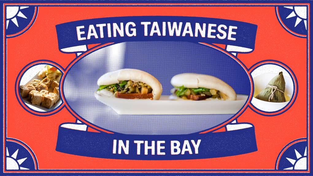 A pair of gua bao, or Taiwanese pork belly buns, on a white plate, surrounded by a red-and-blue frame that reads, "Eating Taiwanese in the Bay."