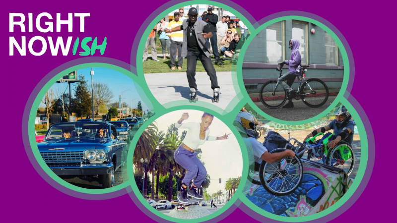 Images of people rollerskating, skateboarding, lowriding, biking and riding ramps in wheelchairs.