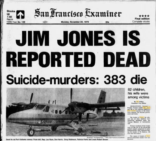 The front page of the San Francisco Examiner, Nov. 20, 1978, reported only a portion of the over 900 deaths. 