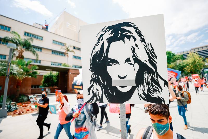 #FreeBritney activists protest outside a courthouse in Los Angeles during an April conservatorship hearing.