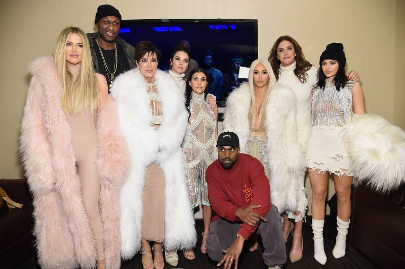 Khloe Kardashian, Lamar Odom, Kris Jenner, Kendall Jenner, Kourtney Kardashian, Kanye West, Kim Kardashian, Caitlin Jenner and Kylie Jenner at a 'Yeezy' fashion show in New York, February 2016.