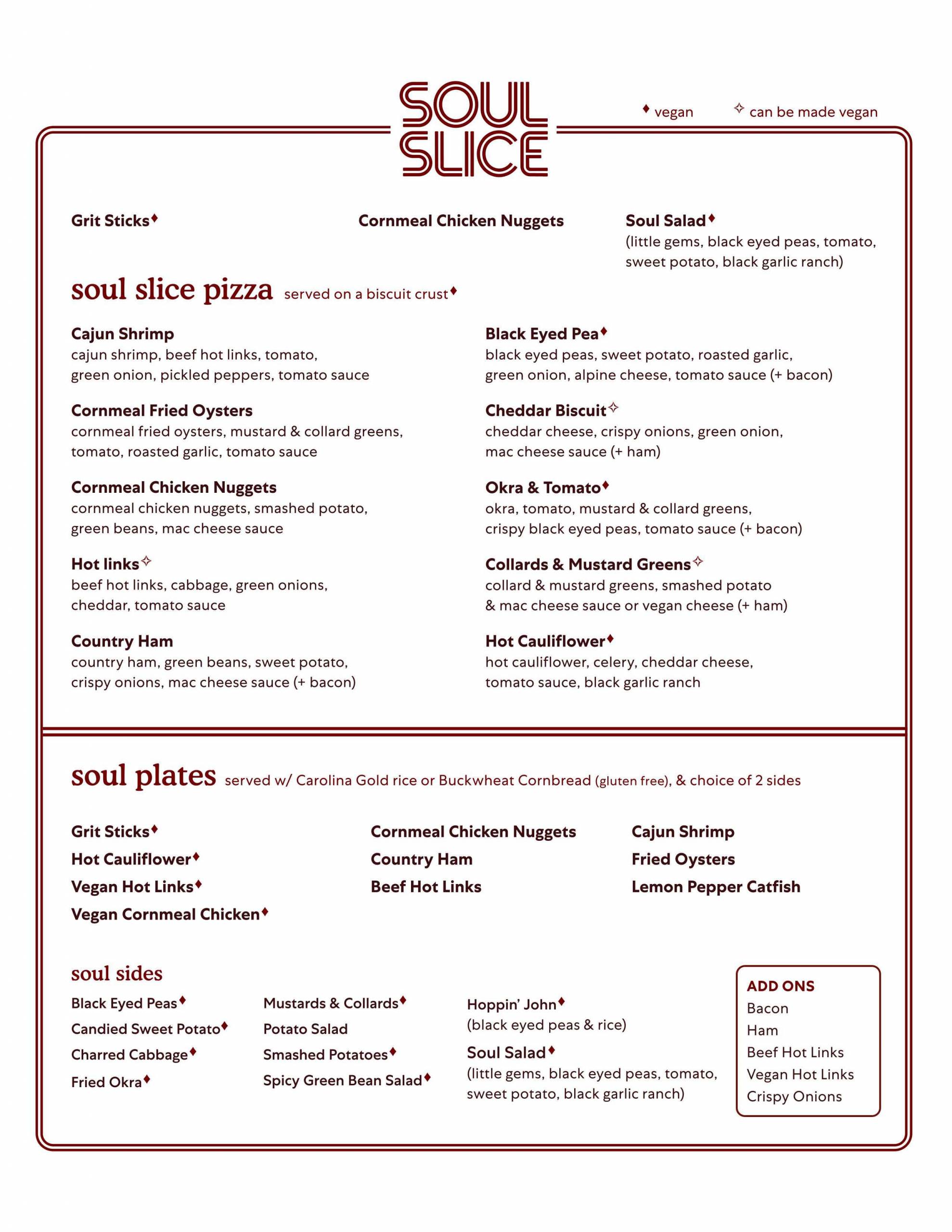 The first page of the Soul Slice menu.