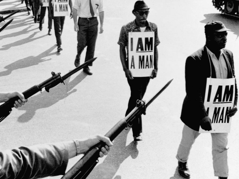 Civil Rights activists are blocked by National Guardsmen brandishing bayonets while trying to stage a protest on Beale Street in Memphis, Tenn., in 1968.