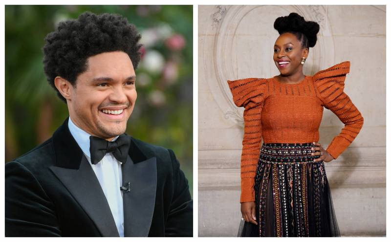 Trevor Noah at the Grammys in March 2021, and Chimamanda Ngozi Adichie at Paris Fashion Week in January 2020.