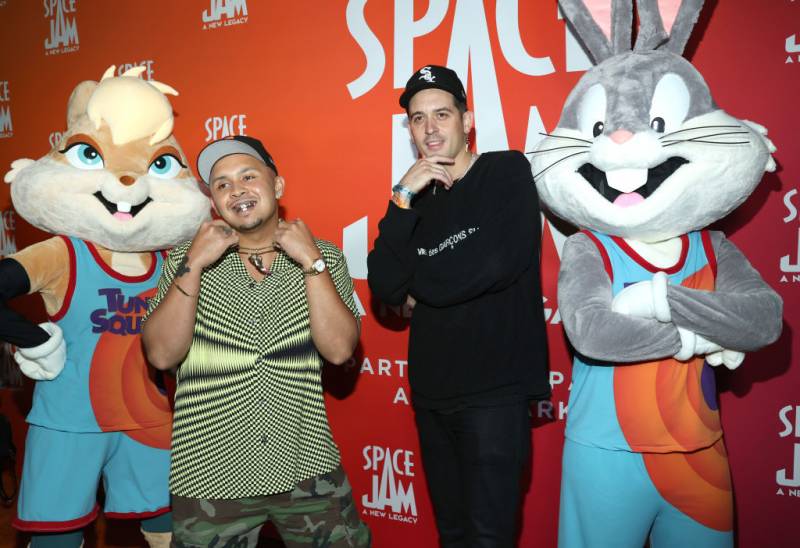 P-Lo and G-Eazy (L-R) attend the 'Space Jam: A New Legacy' party at Six Flags Magic Mountain on June 29, 2021 in Valencia, California. 