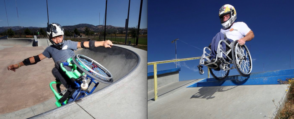 Garnett Silver-Hall and Randy Harlan wear helmets while riding through skateparks in their wheelchairs.