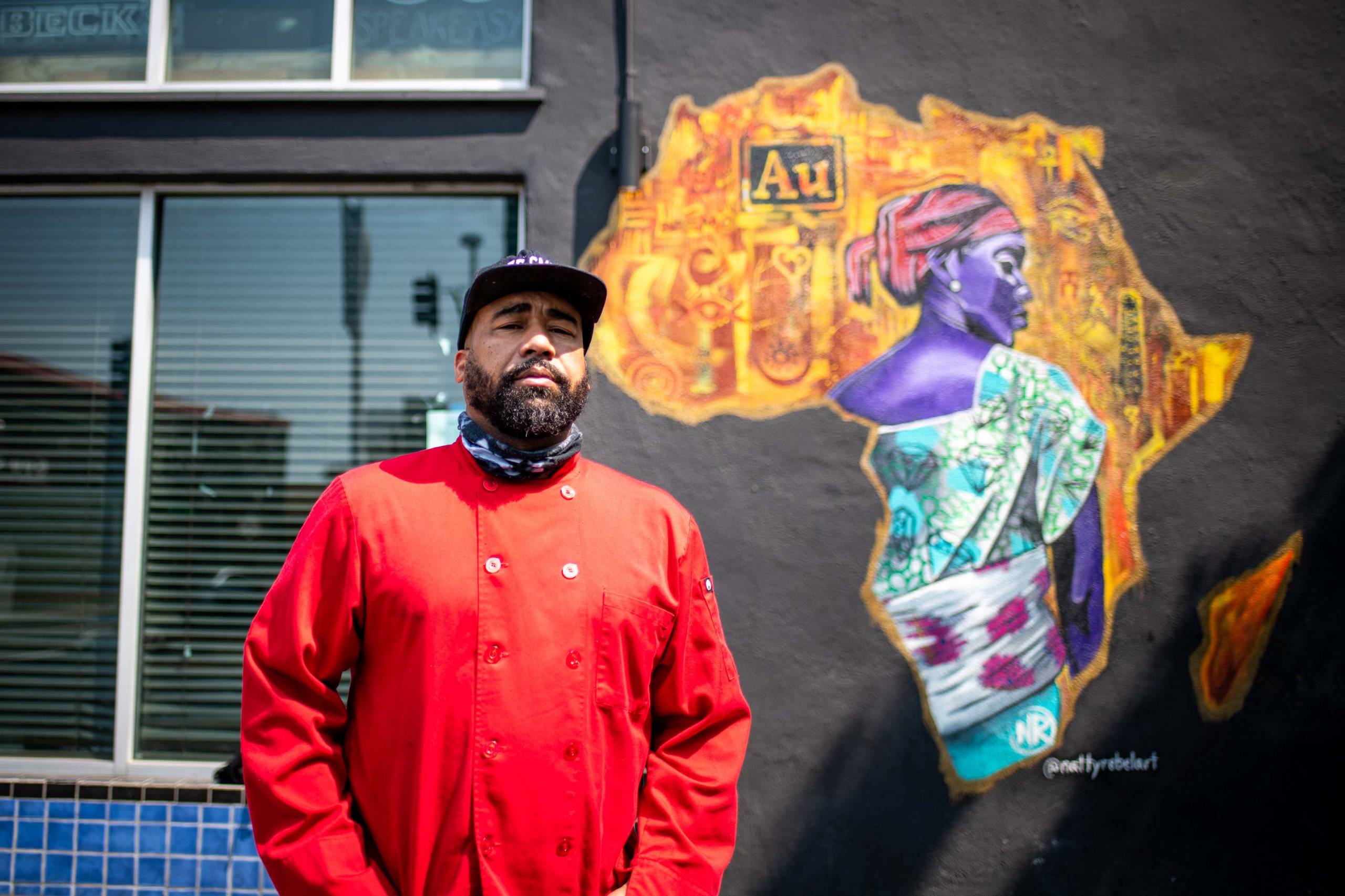 A portrait of chef Edward Wooley outside of Oakland's Au Lounge, where he holds his pop-up, Chef Smelly's Creole and Soul Food