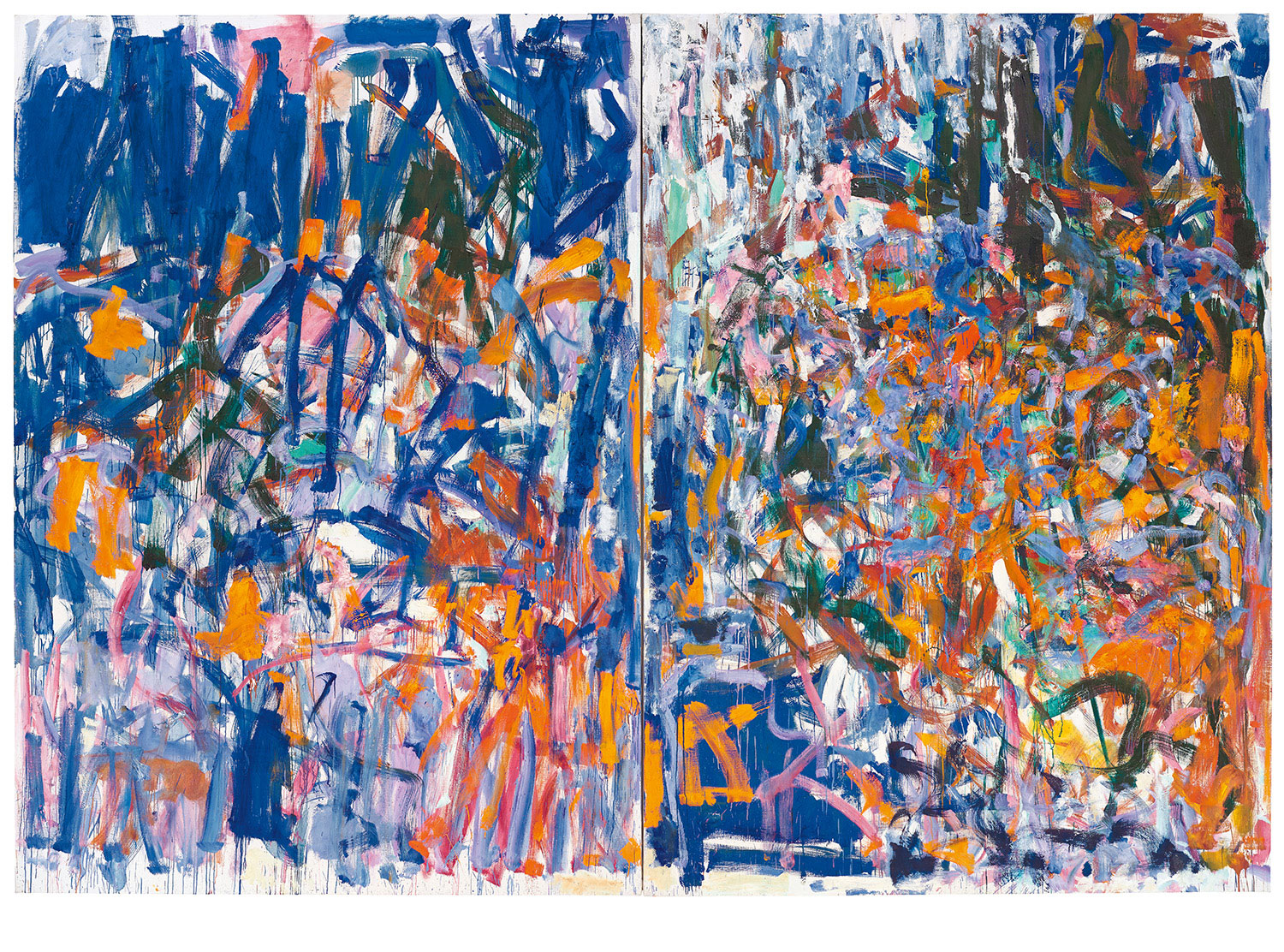 An abstract diptych painting dominated by blue, orange and pink brushstrokes.
