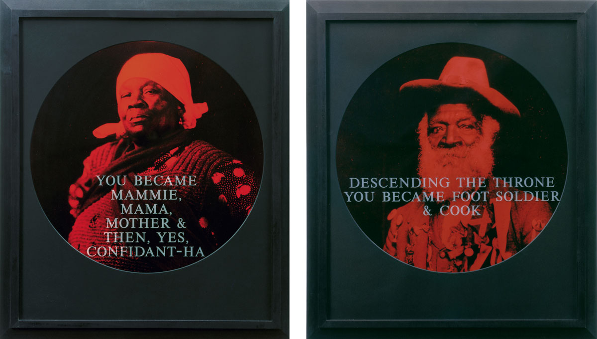 Two red tinted images of enslaved people with overlaid text.
