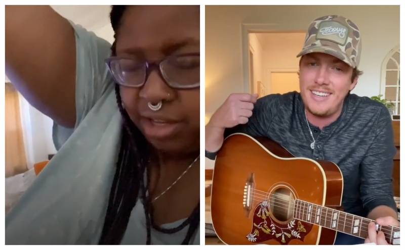 (L) Erynn Chambers' original TikTok making fun of country music; (R) George Birge turning it into a song that got him a new record deal.