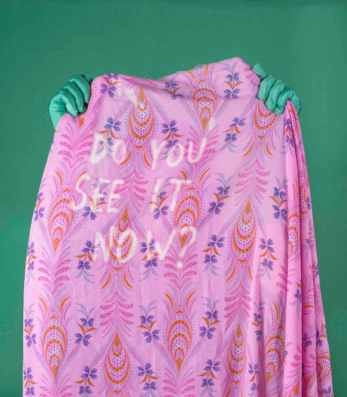 Green hands hold up a pink-patterned fabric with the text: Do you see it now?