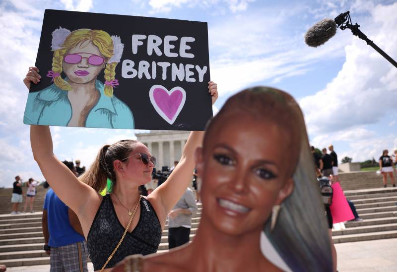 Supporters of Britney Spears participate in a #FreeBritney rally at the Lincoln memorial on July 14, 2021 in Washington, DC. The group has long called for an end to the 13-year conservatorship lead by the pop star's father, James Spears.