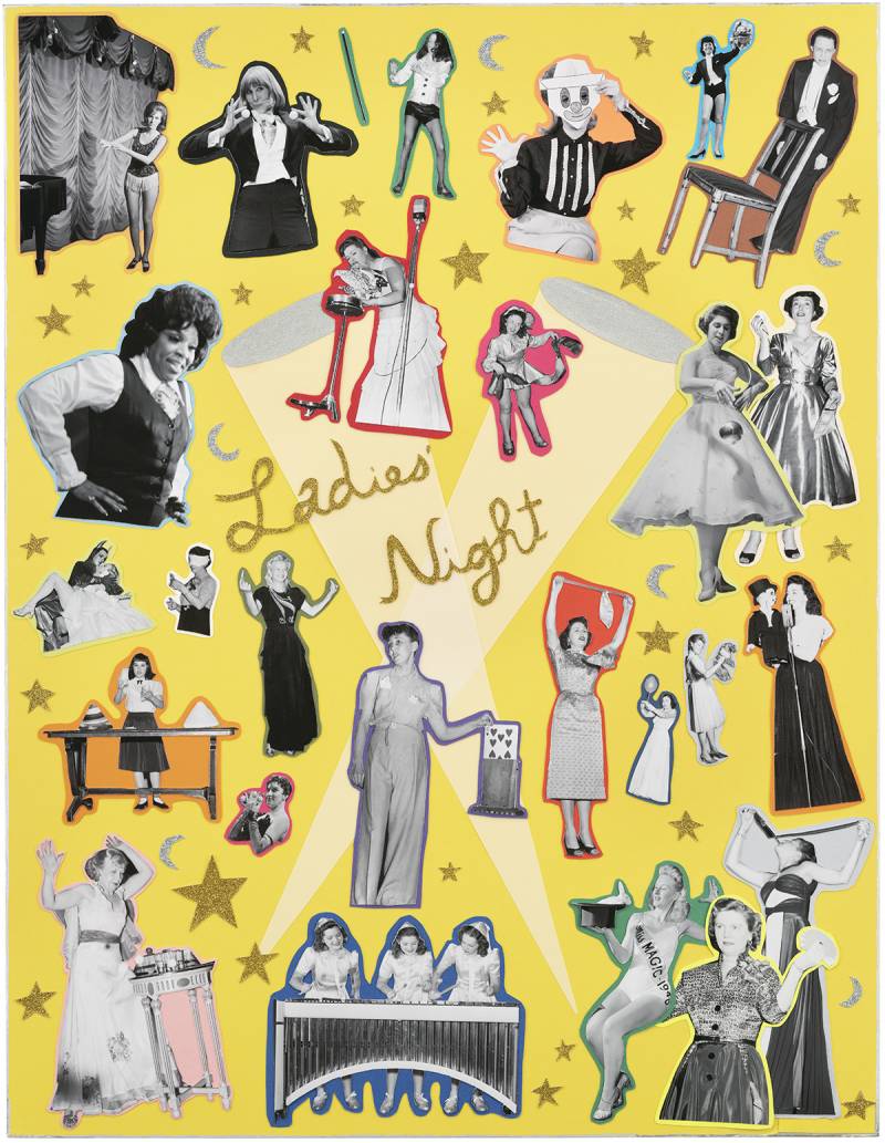 Collage of photographs of women performers on a yellow background.