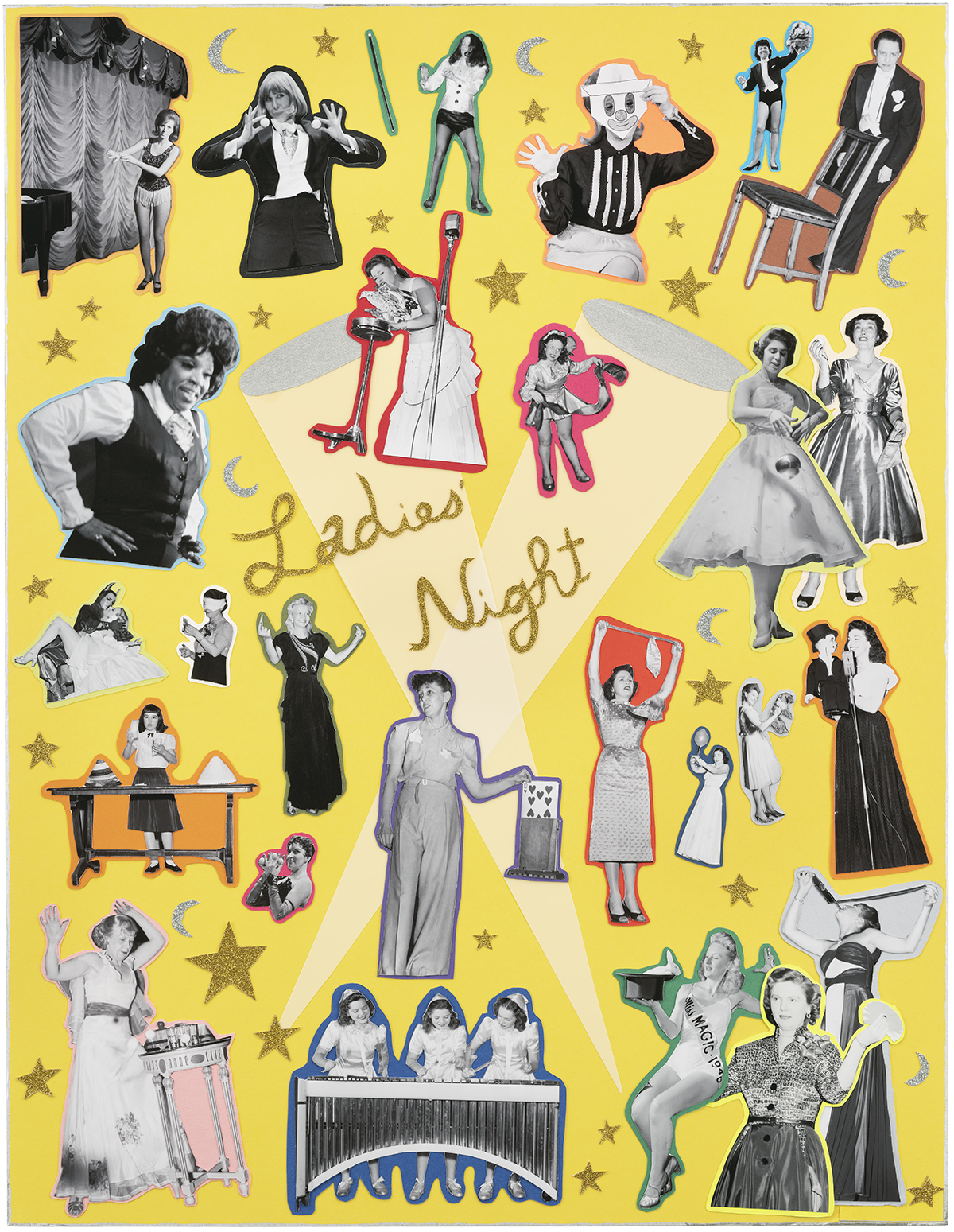 Collage of photographs of female performers on a yellow background.