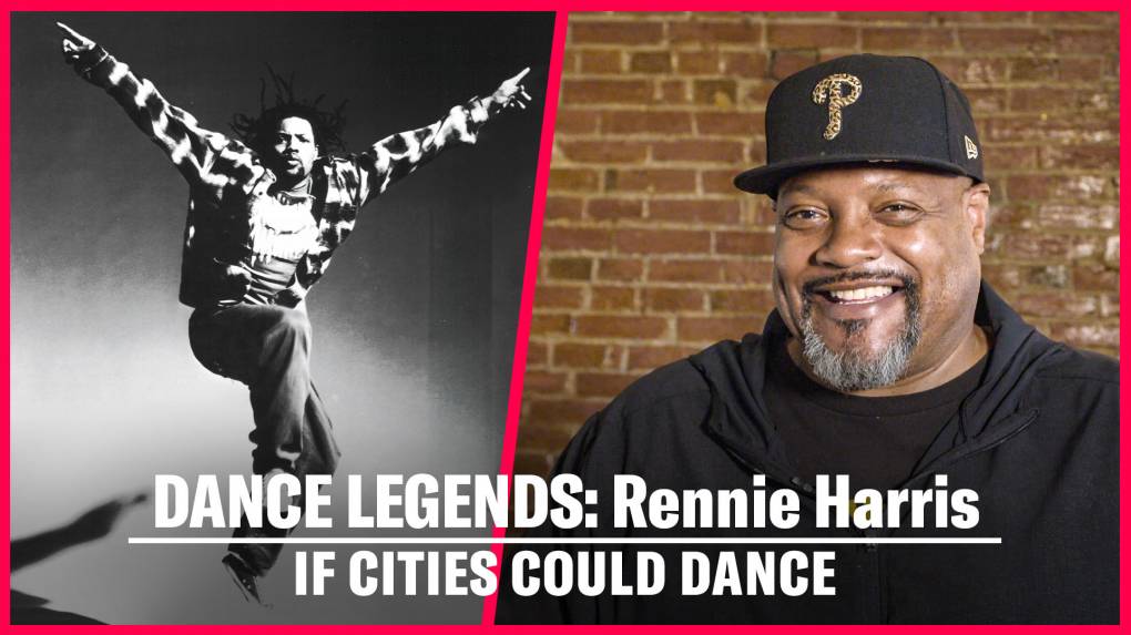 A split screen image of choreographer Rennie Harris: a black and white photo of Rennie dancing in the 1990s on the left and a still from a sit down interview with Rennie taken in 2021 on the right.