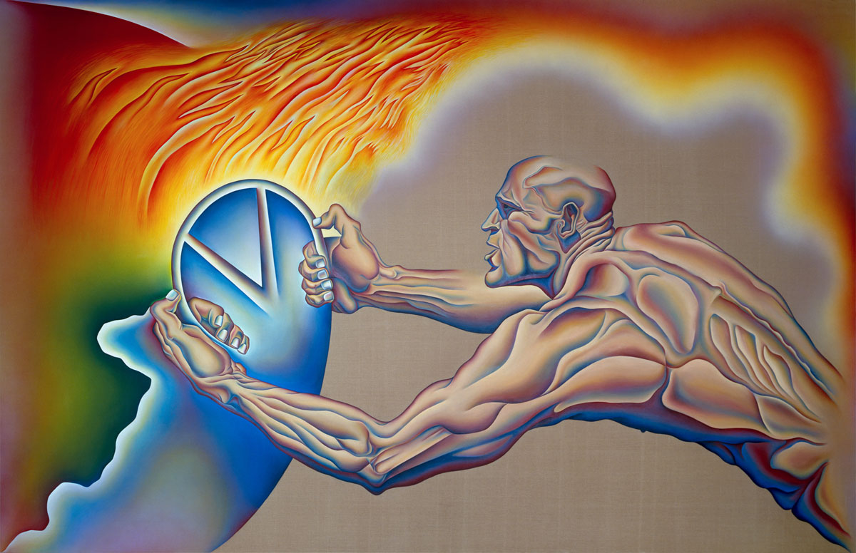Painting of nude man with steering wheel and earth on fire.