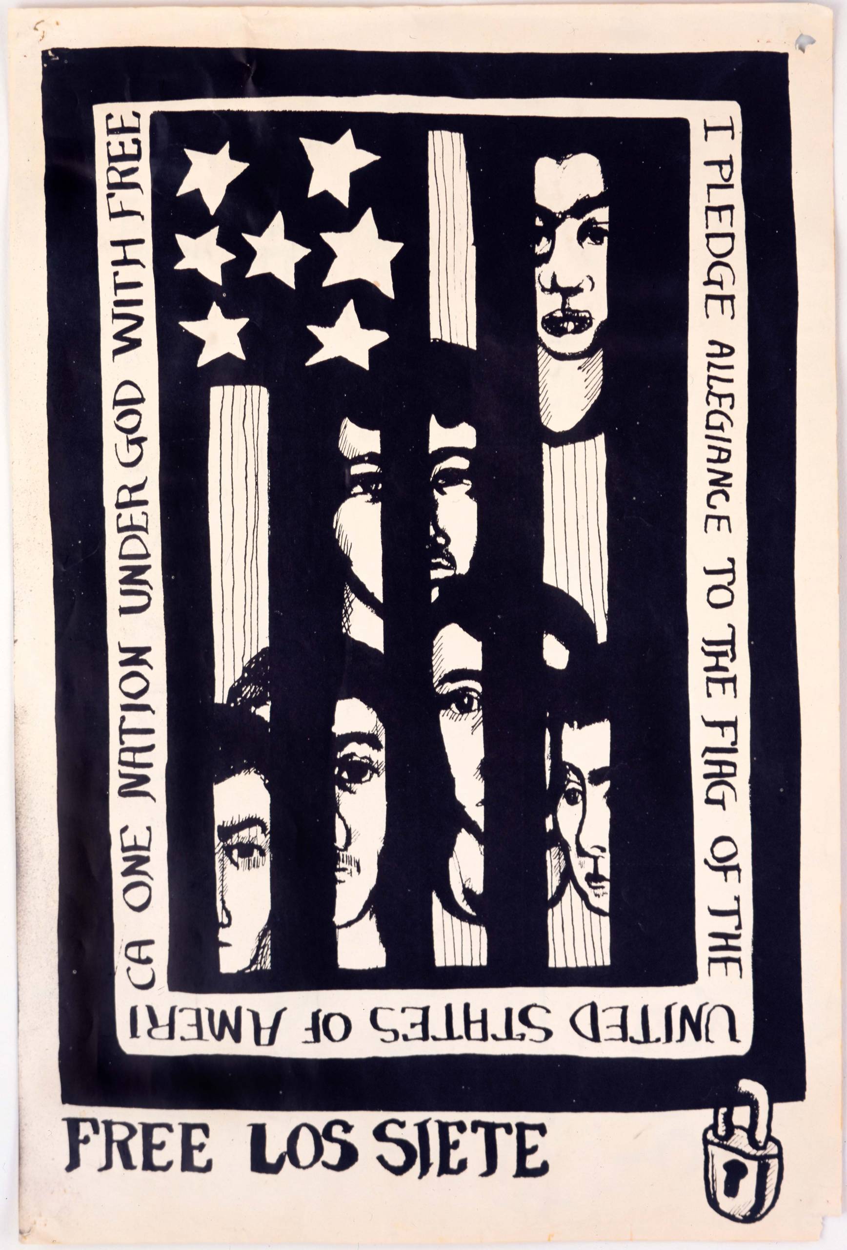 A black-and-white print with faces seen through stripes of American flag.